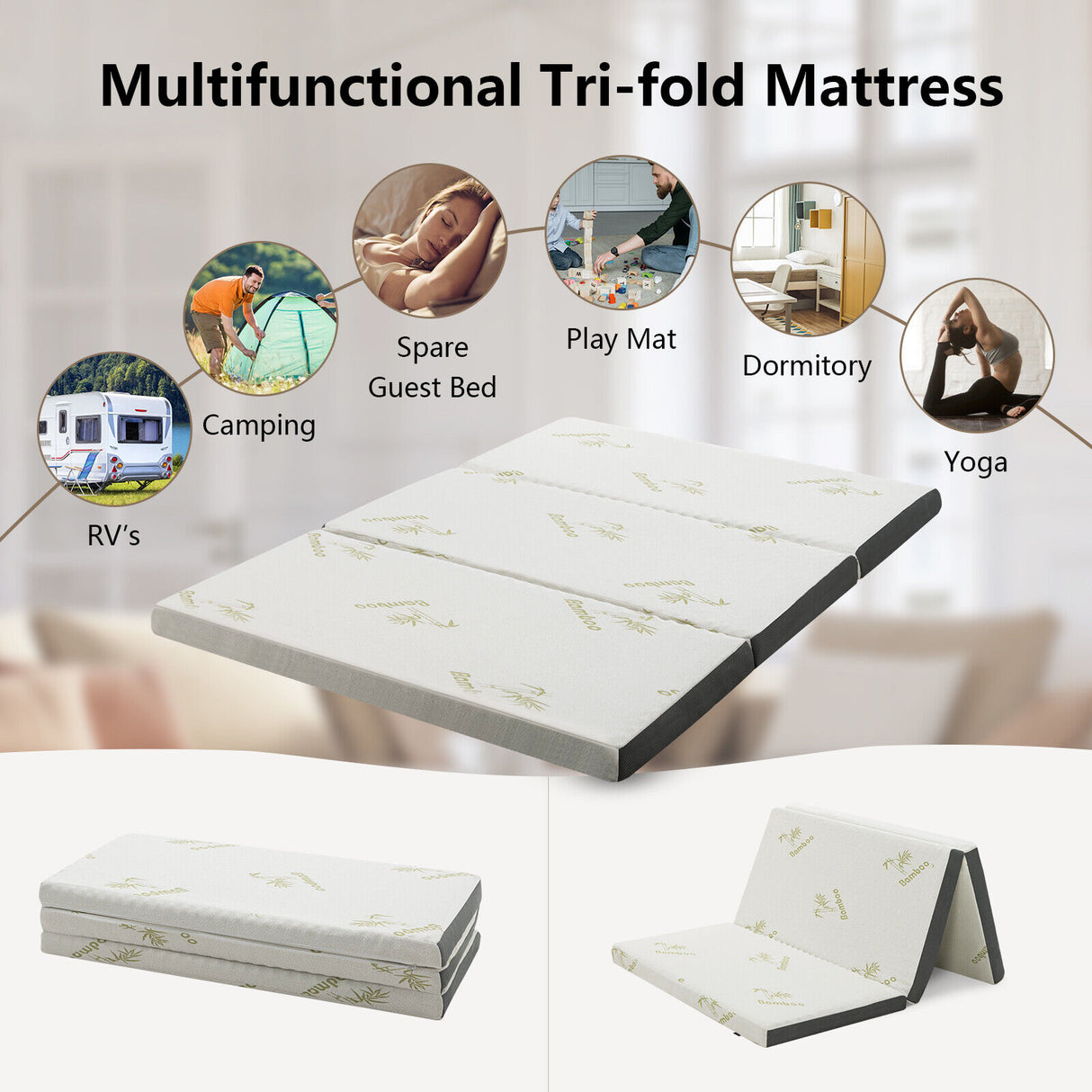 Queen 3 Inch Tri-fold Memory Foam Floor Mattress Topper Portable with Carrying Bag