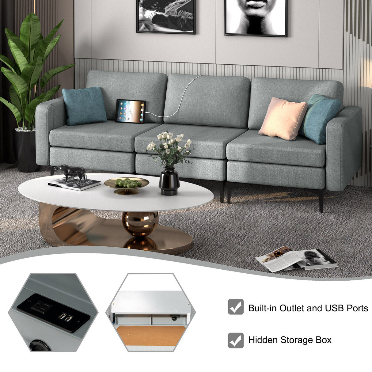 Convertible Leather Sofa Couch with Magazine Pockets 3-Seat with 2 USB Port