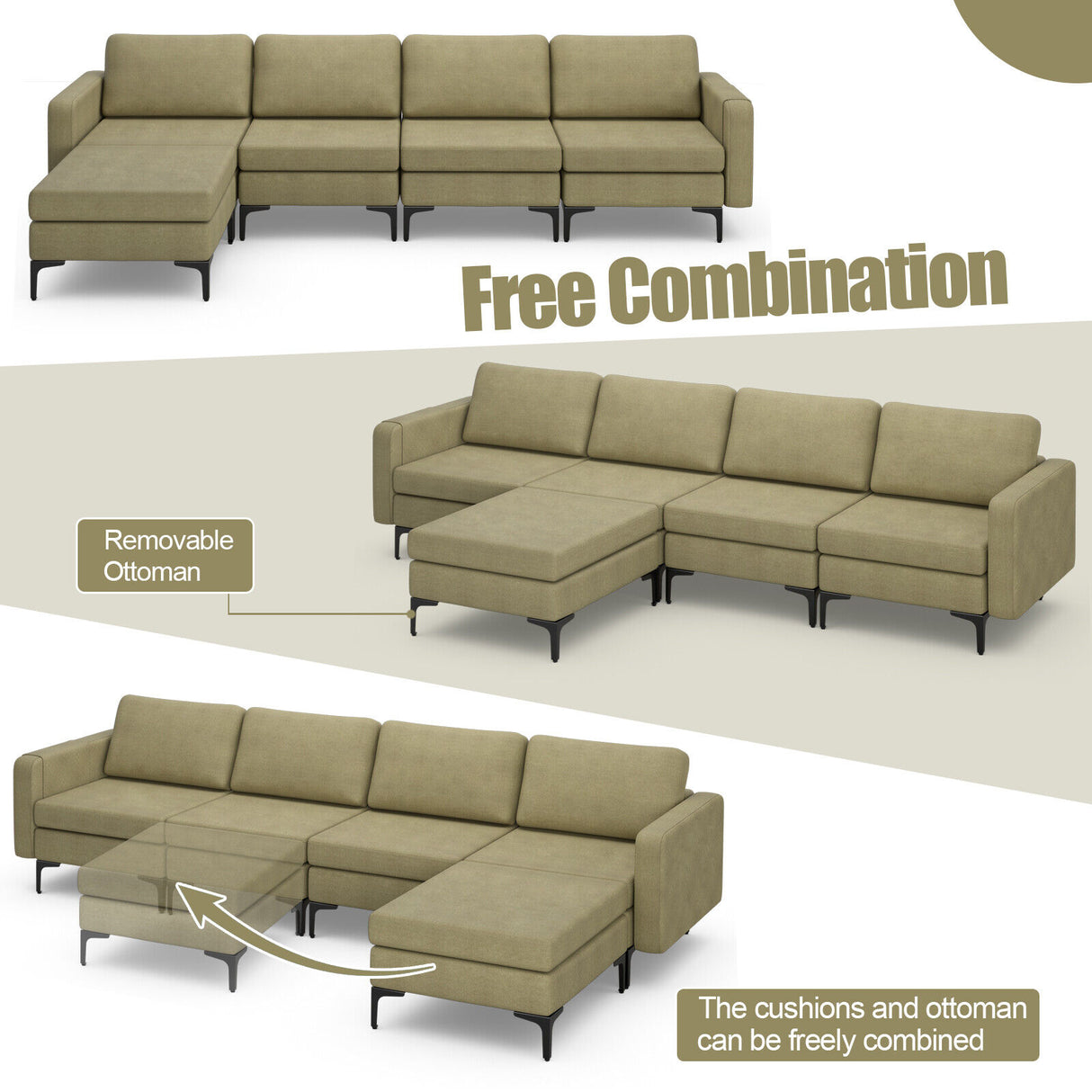 1/2/3/4-Seat Convertible Sectional Sofa with Reversible Ottoman-4-Seat L-shaped with 2 USB Ports