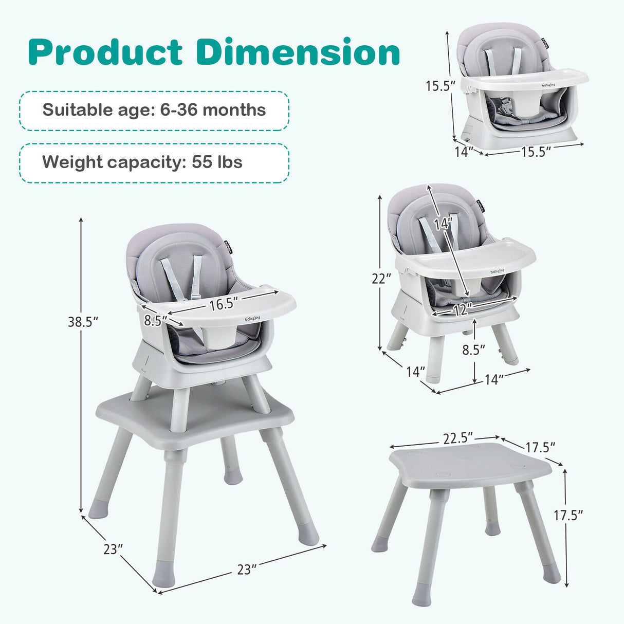 6-in-1 Convertible Baby High Chair with Adjustable Removable Tray
