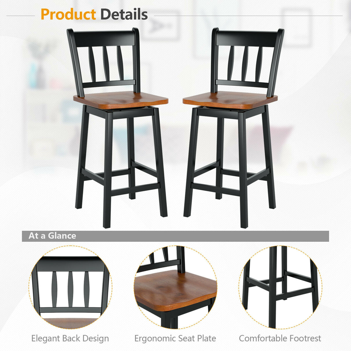 24.5 Inches Set of 2 Swivel Bar Stools with 360Â° Swiveling