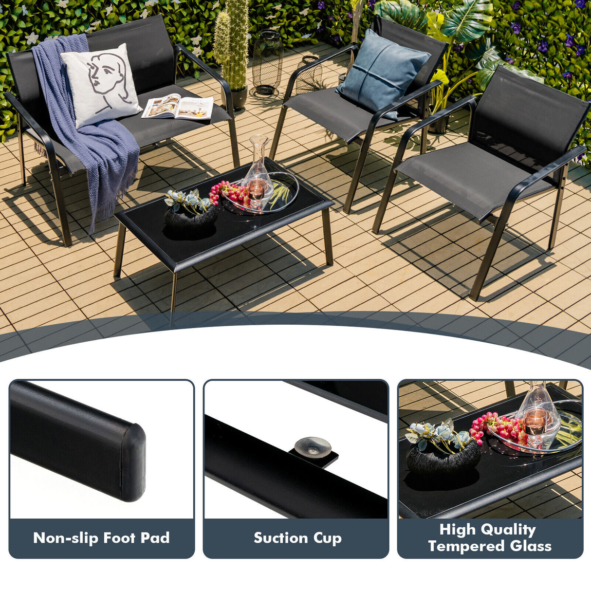 4 Pieces Patio Furniture Set with Armrest Loveseat Sofas and Glass Table Deck