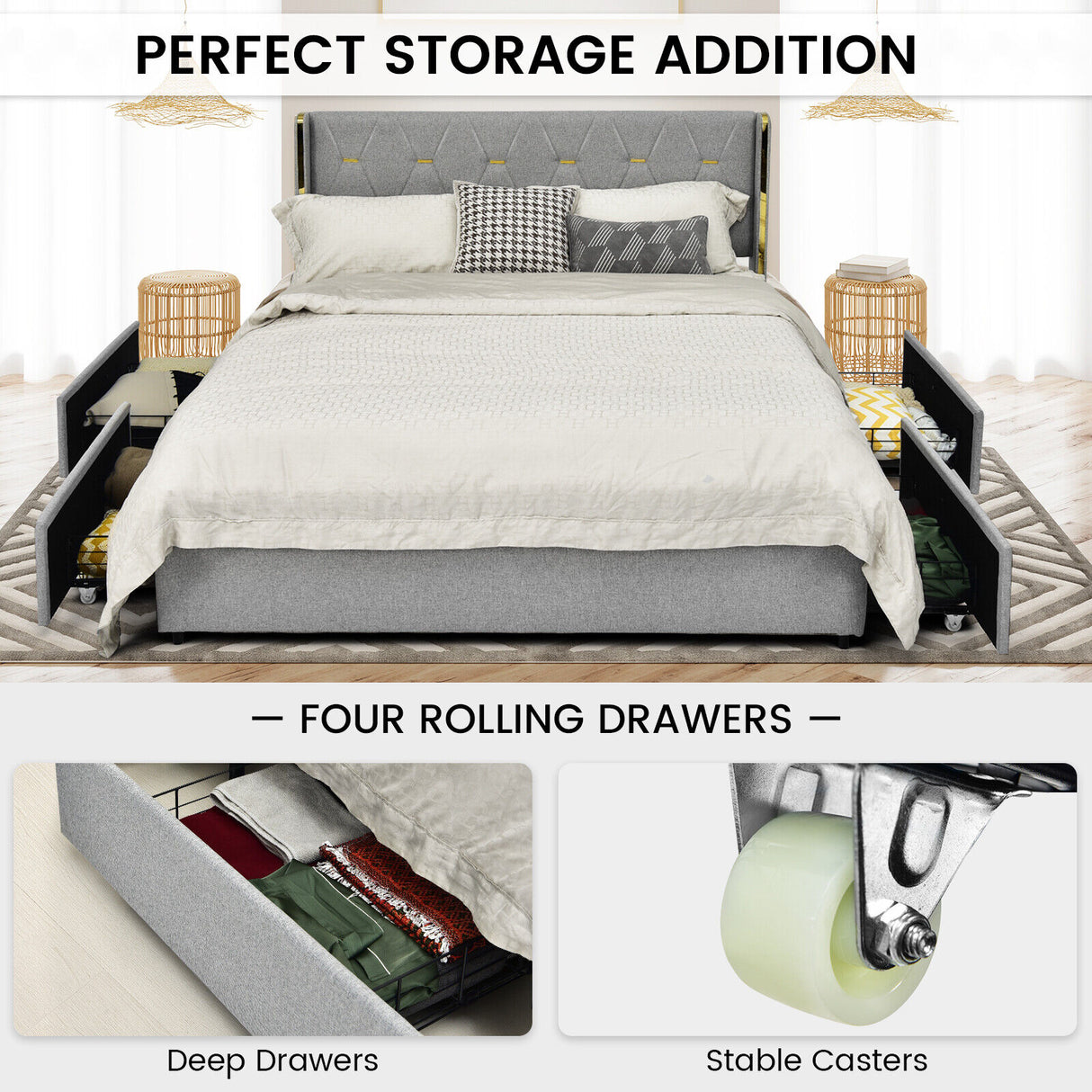 Full/Queen Size Upholstered Bed Frame with 4 Drawers-Silver-Full Size