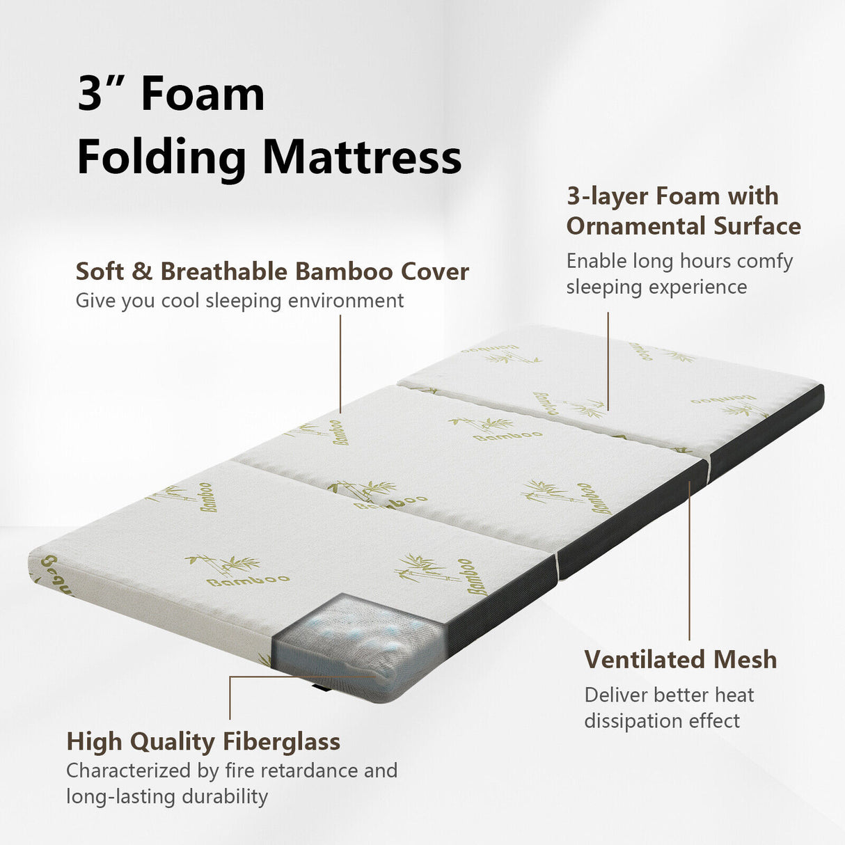 Queen 3 Inch Tri-fold Memory Foam Floor Mattress Topper Portable with Carrying Bag