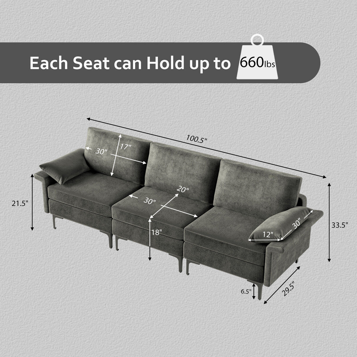 Large 3-Seat Sofa Sectional with Metal Legs for 3-4 people