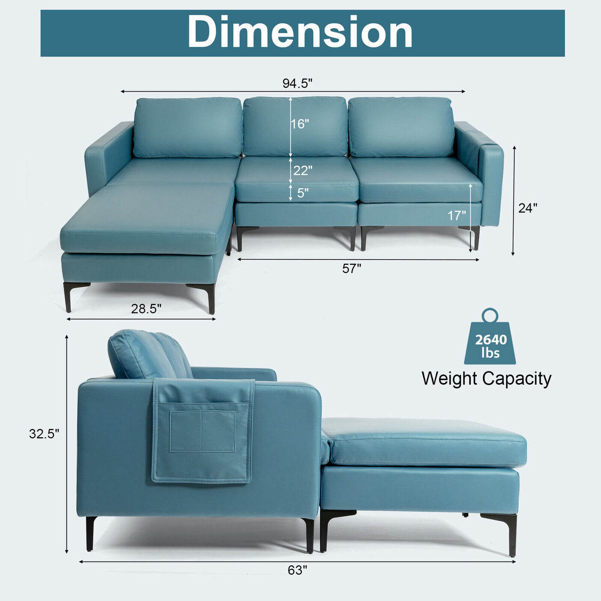 Modular 3-Seat L-shaped Sectional Sofa with Reversible Chaise and 2 USB Ports