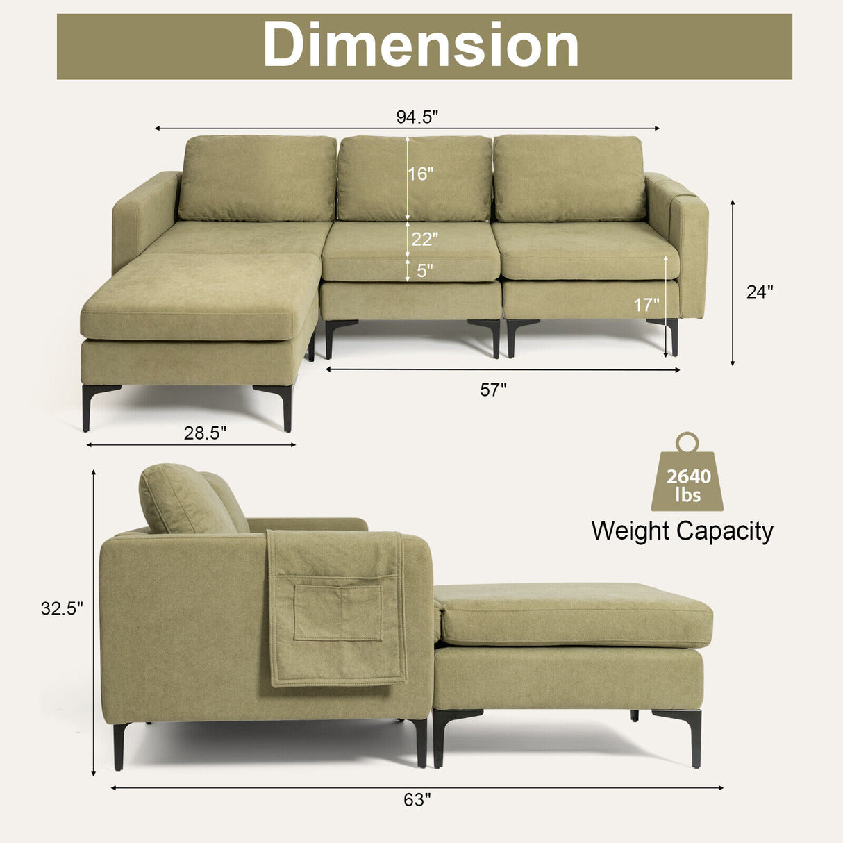 Modular 3-Seat L-shaped Sectional Sofa with Reversible Chaise and 2 USB Ports