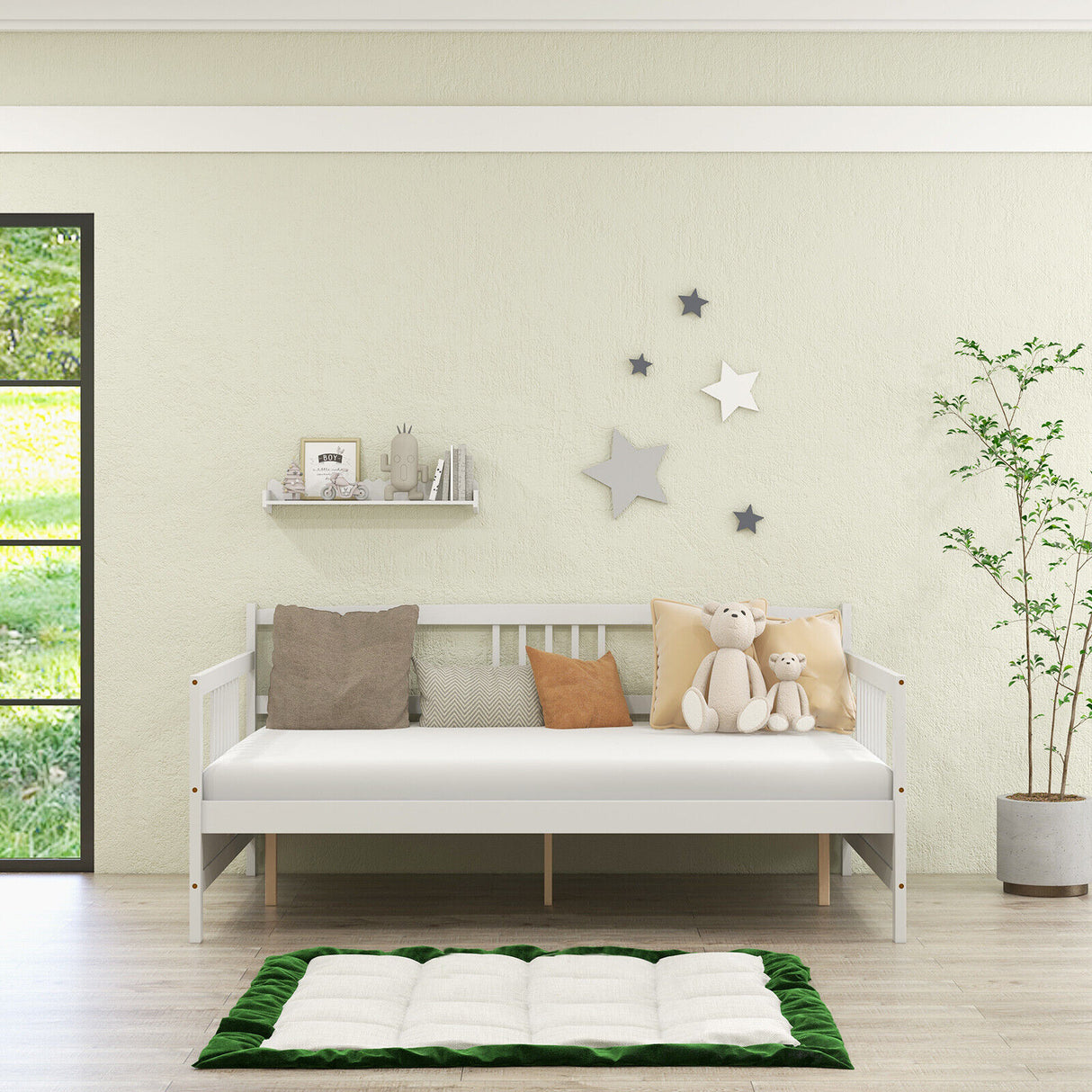Wooden Full Size Daybed Frame with Guardrails-White