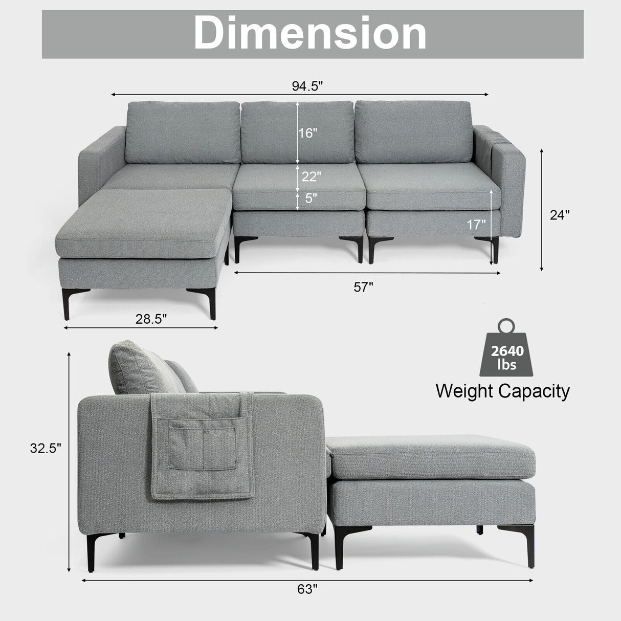 Modular 3-Seat L-shaped Sectional Sofa with Reversible Chaise and 2 USB Ports