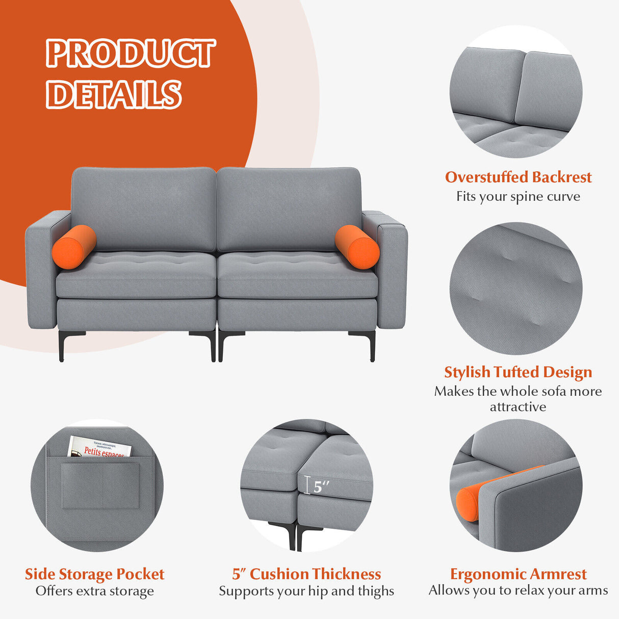 Modular 1/2/3/4-Seat L-Shaped Sectional Sofa Couch with Socket USB Port-2