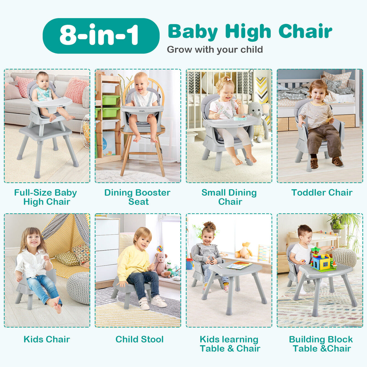 6-in-1 Convertible Baby High Chair with Adjustable Removable Tray