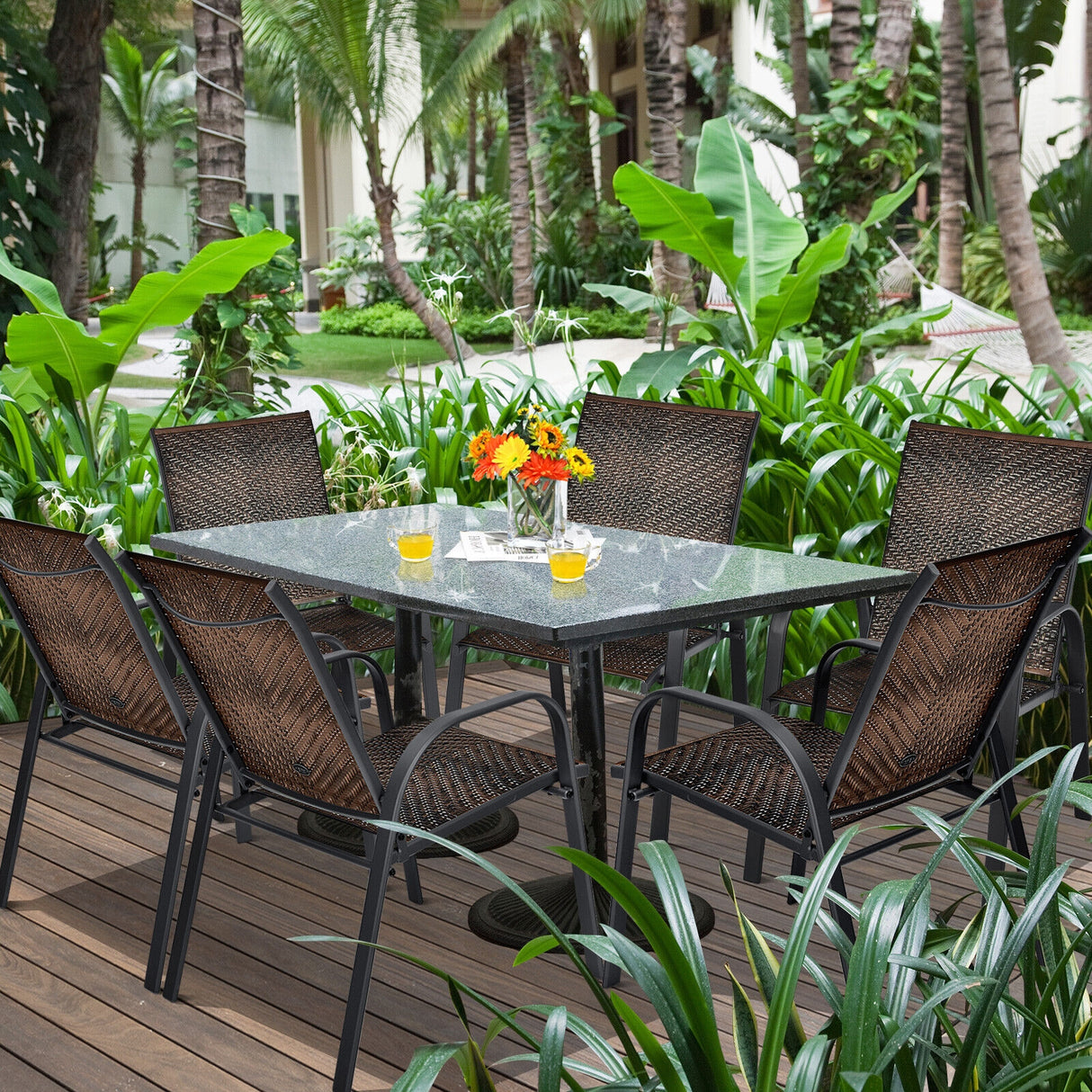 Set of 6 Outdoor PE Wicker Stackable Chairs with Sturdy Steel Frame