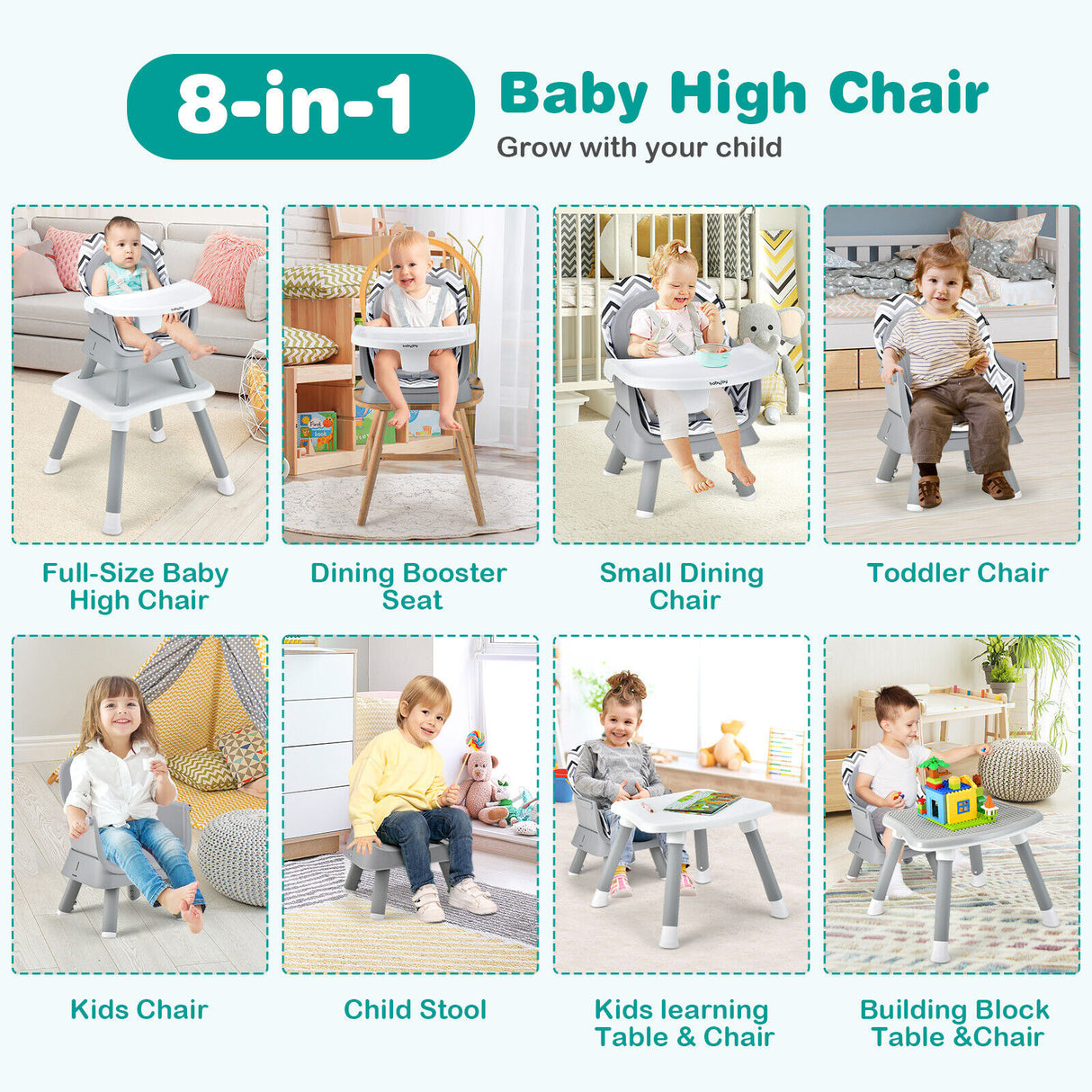 6-in-1 Convertible Baby High Chair with Adjustable Removable Tray