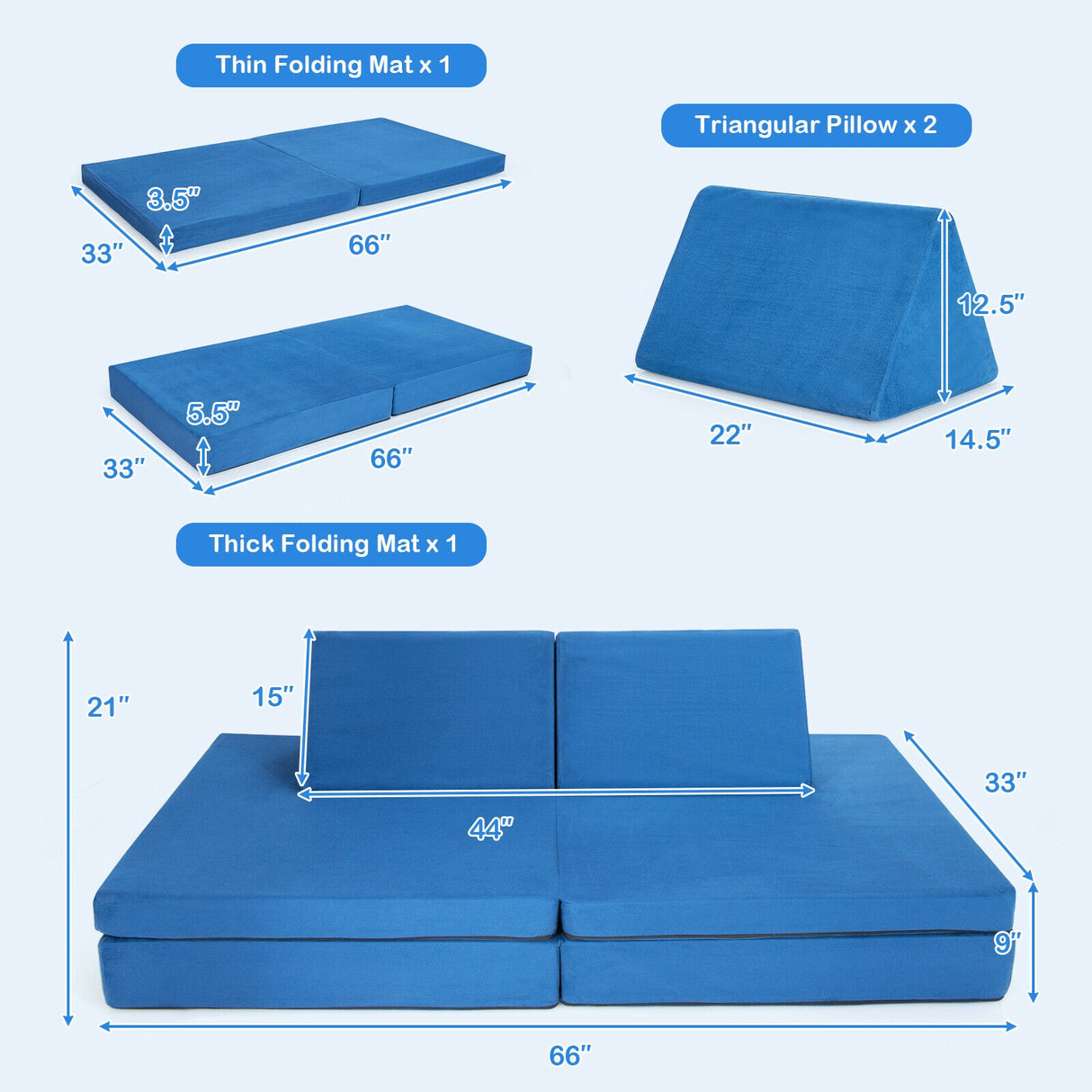 4-Piece Convertible Kids Couch Set with 2 Folding Mats