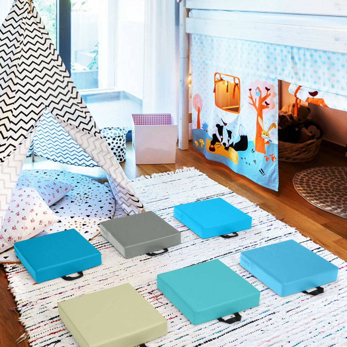 6 Pieces 15 Inches Square Toddler Floor Cushions Flexible Soft Foam Seating with Handles