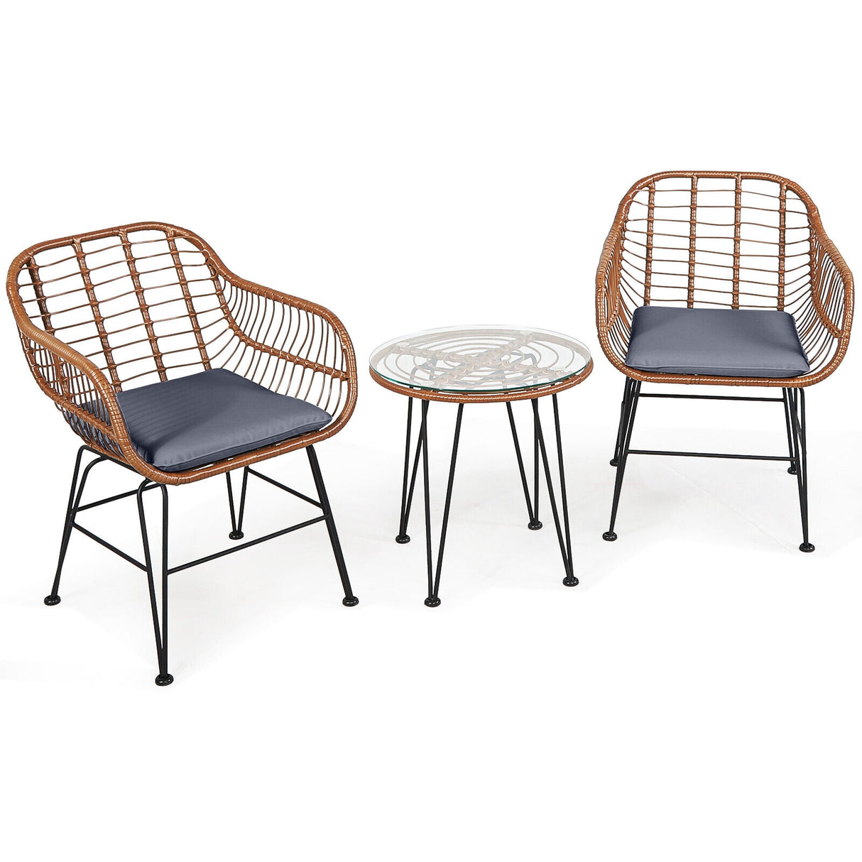 3 Pieces Patio Rattan Bistro Set with Cushion