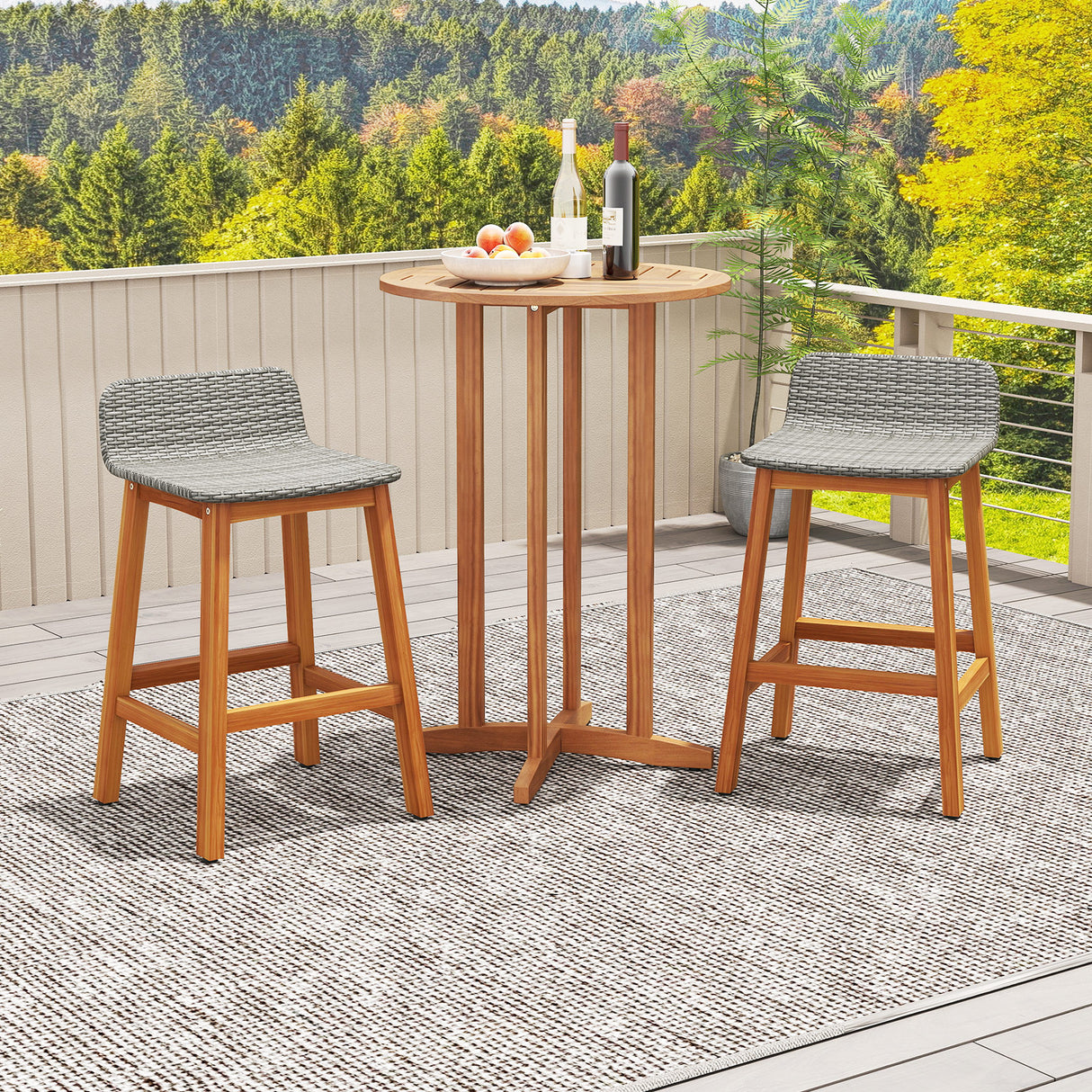 Solid Acacia Wood Bar Stools Set of 2 with Backrests and Footrests for Porch