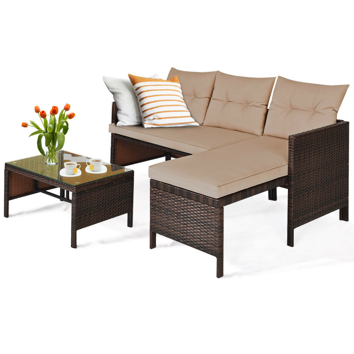 3 Pieces Patio Wicker Rattan Sofa Set