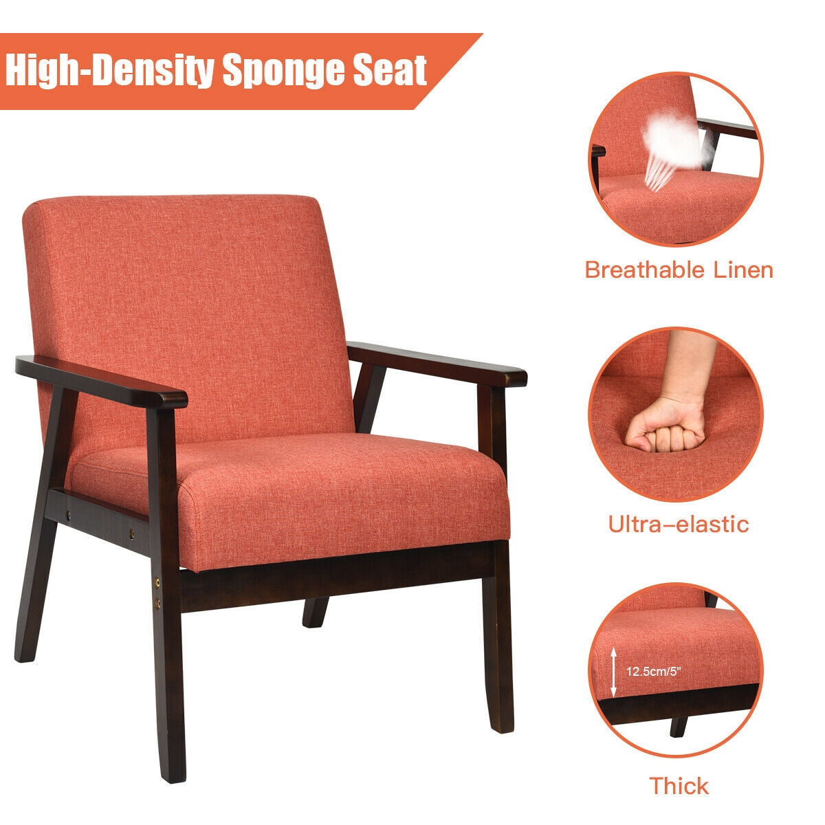 Solid Rubber Wood Fabric Accent Armchair