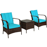 3 Pcs Patio Conversation Rattan Furniture Set with Glass Top Coffee Table and Cushions