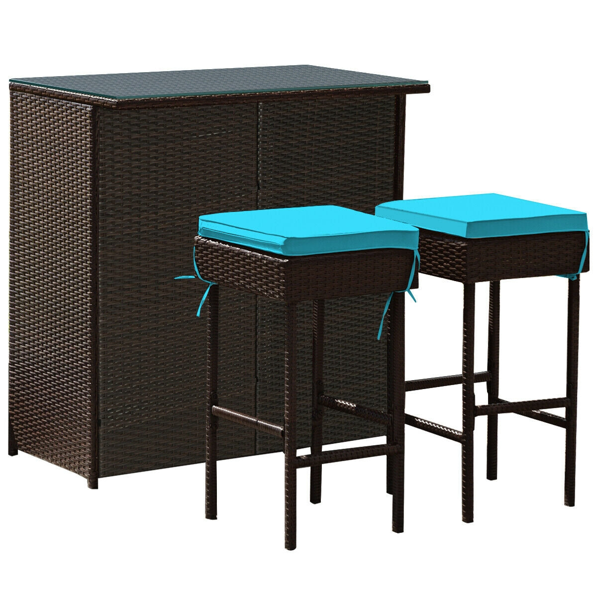 3-piece Rattan Wicker Bar Table Stools Dining Set Cushioned Chairs
