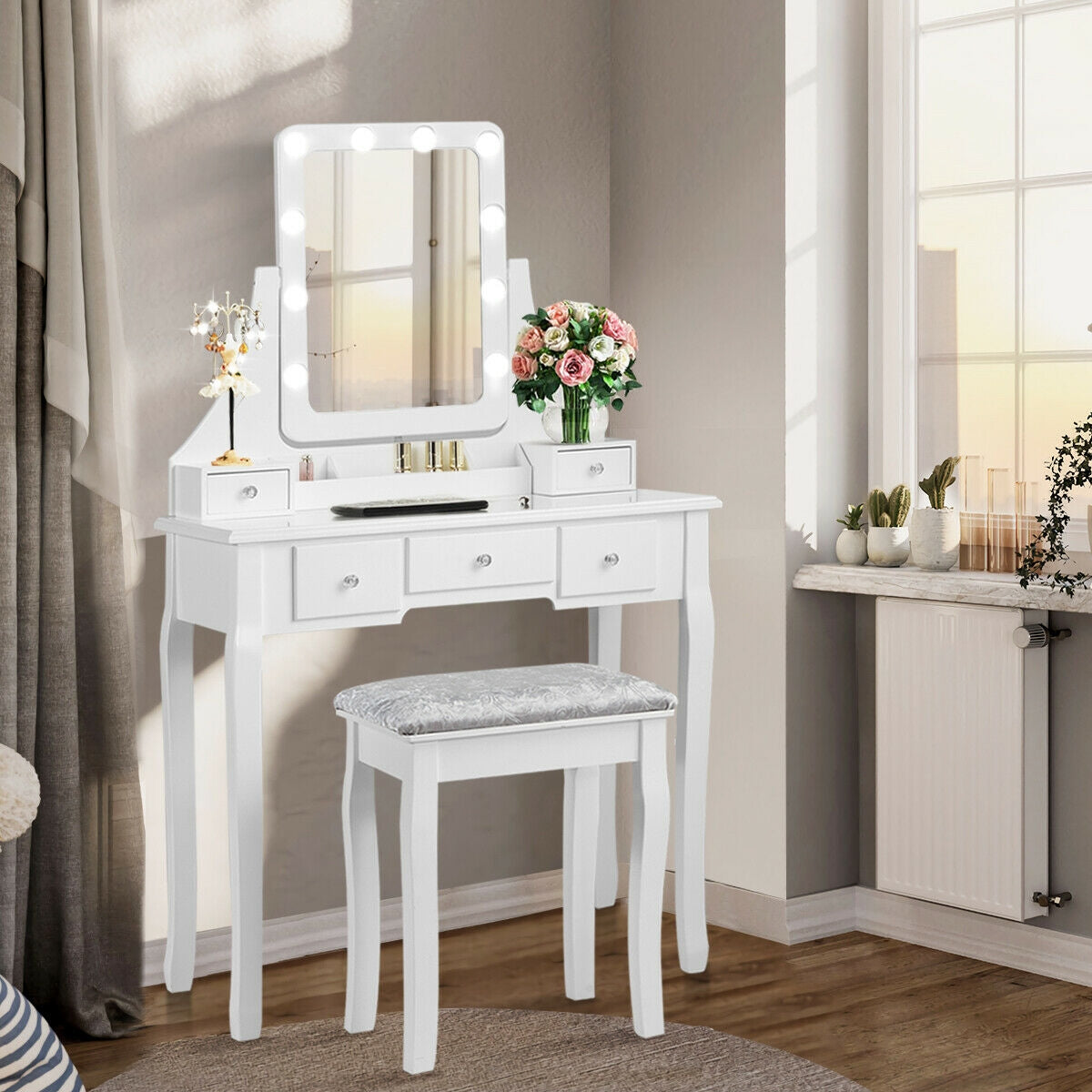 Vanity Dressing Table Set with 10 Dimmable Bulbs and Cushioned Stool