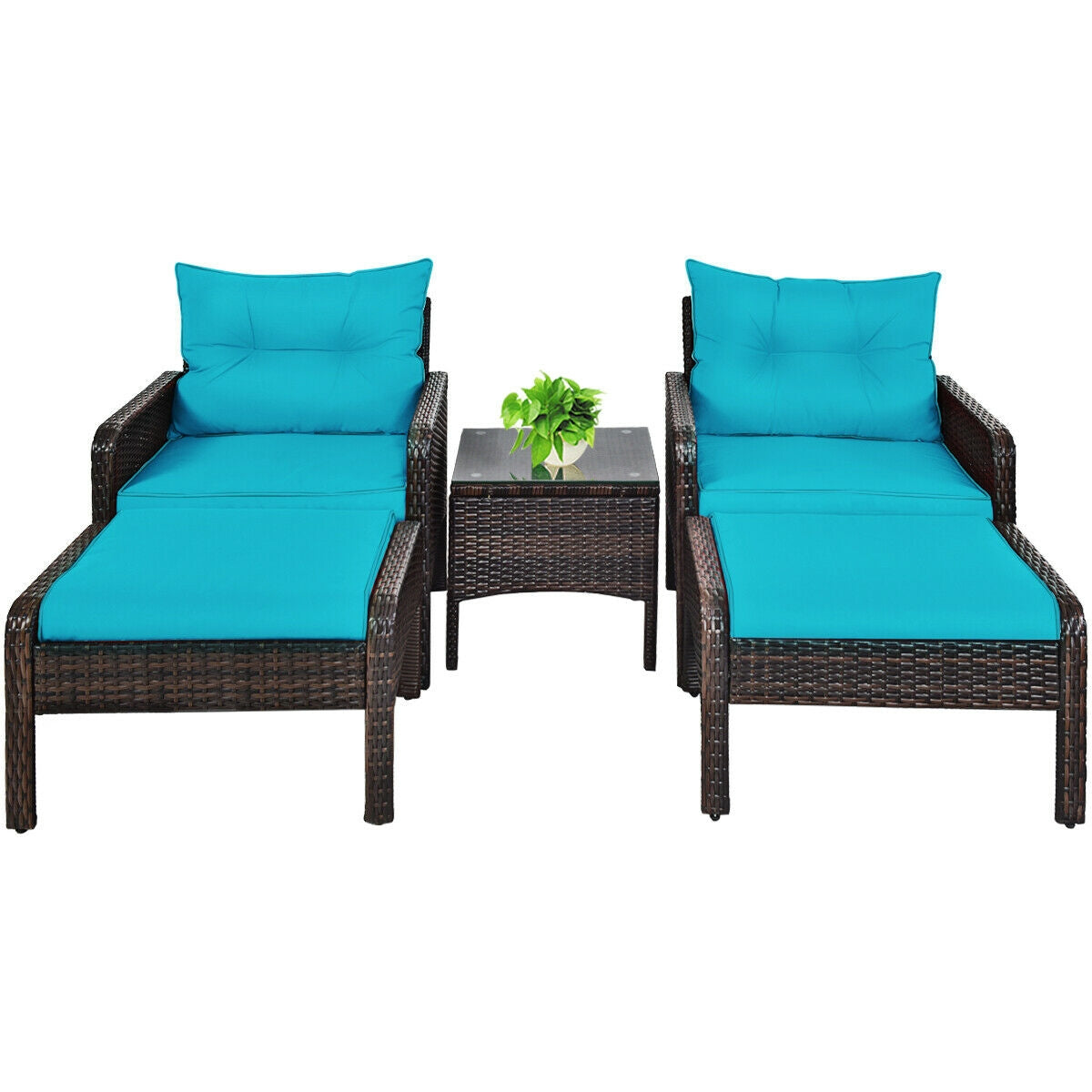 5 Pieces Patio Rattan Sofa Ottoman Furniture Set with Cushions