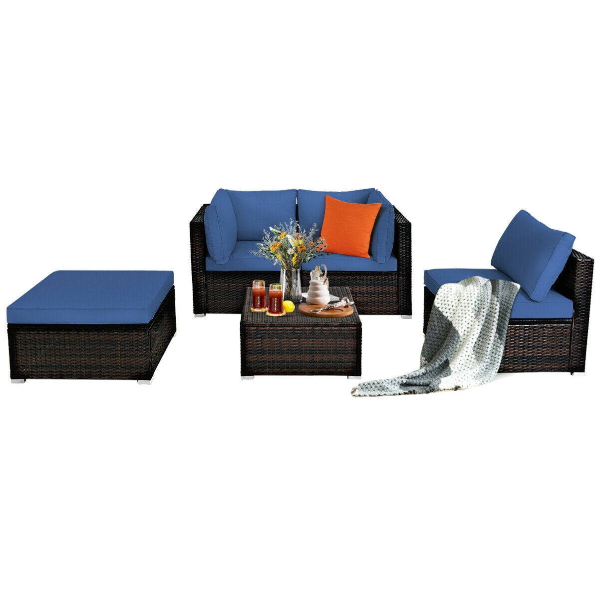 5 Pieces Patio Rattan Sectional Conversation Ottoman Furniture Set