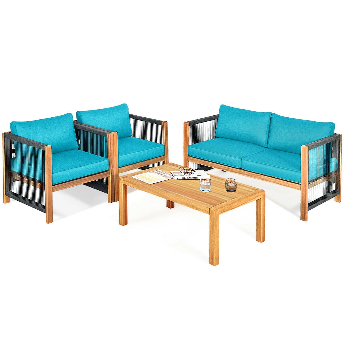 4 Pieces Acacia Wood Outdoor Patio Furniture Set with Cushions