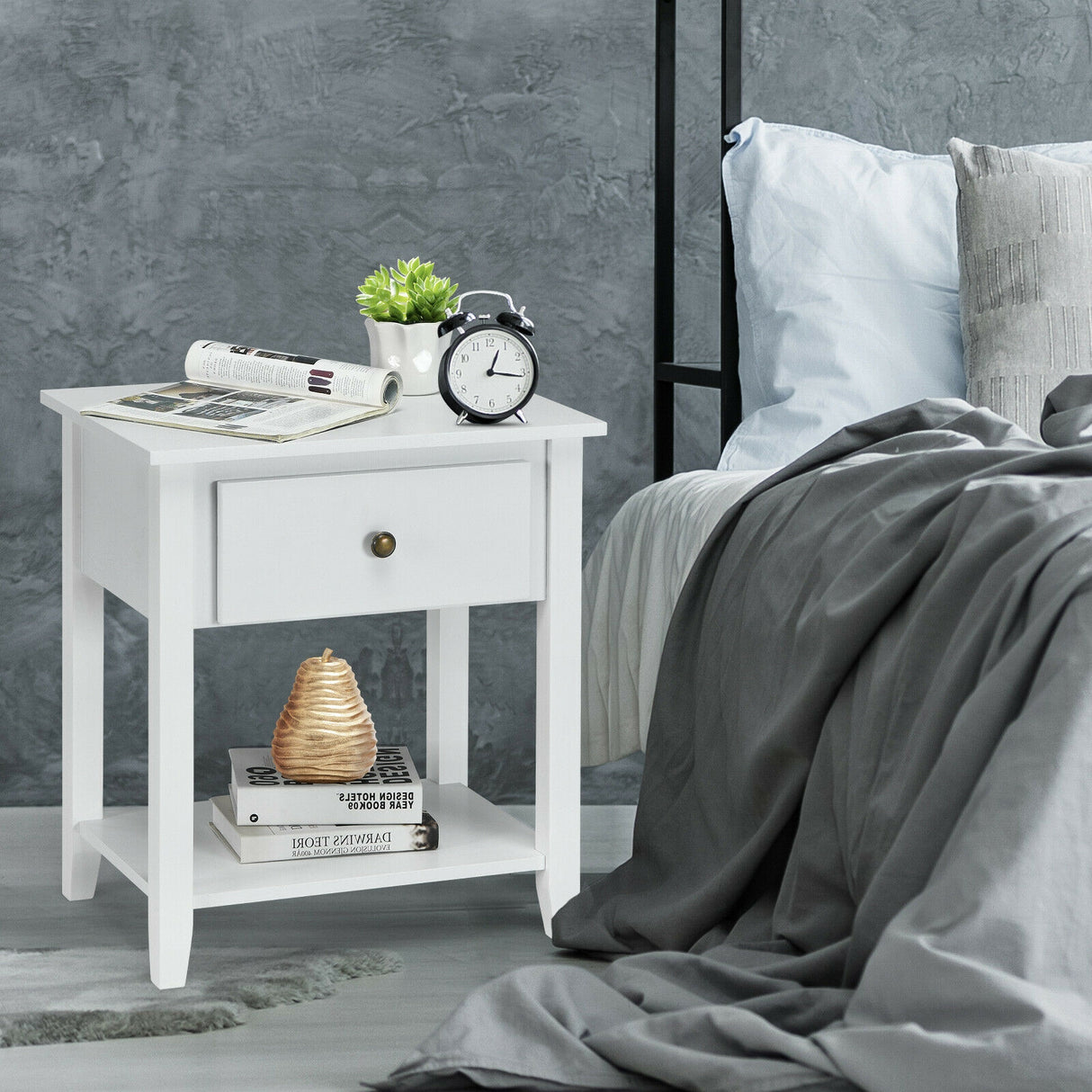 Nightstand with Drawer and Storage Shelf for Bedroom Living Room
