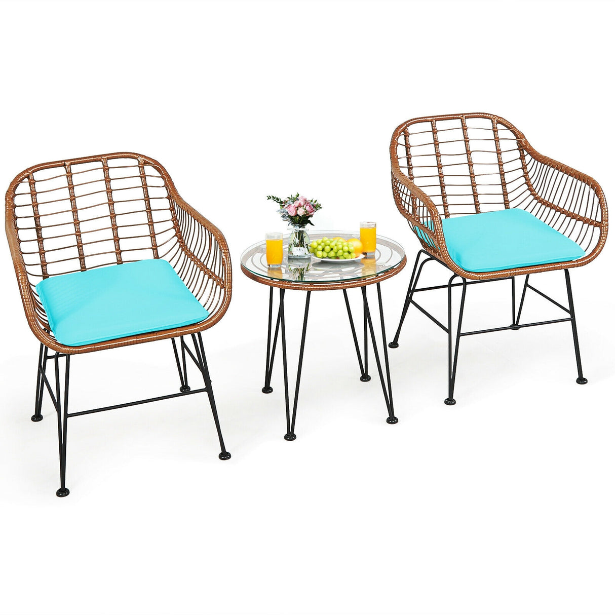3 Pieces Patio Rattan Bistro Set with Cushion