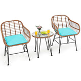 3 Pieces Patio Rattan Bistro Set with Cushion