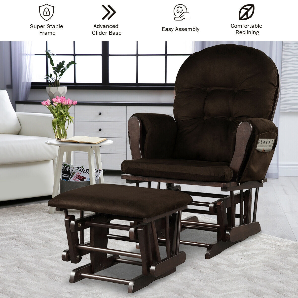 Wood Glider and Ottoman Set with Padded Armrests and Detachable Cushion