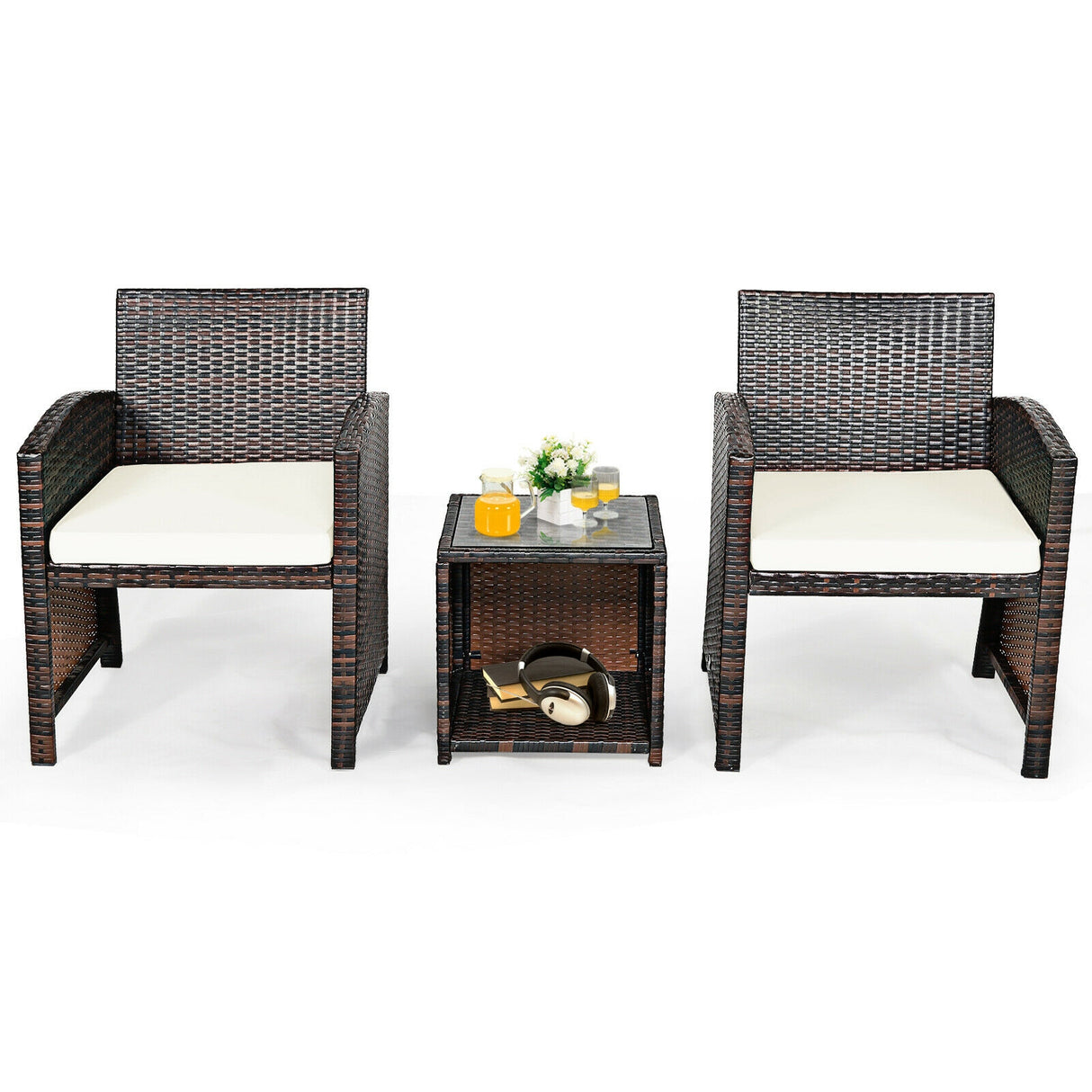 3 Pieces PE Rattan Wicker Furniture Set with Cushion Sofa Coffee Table for Garden