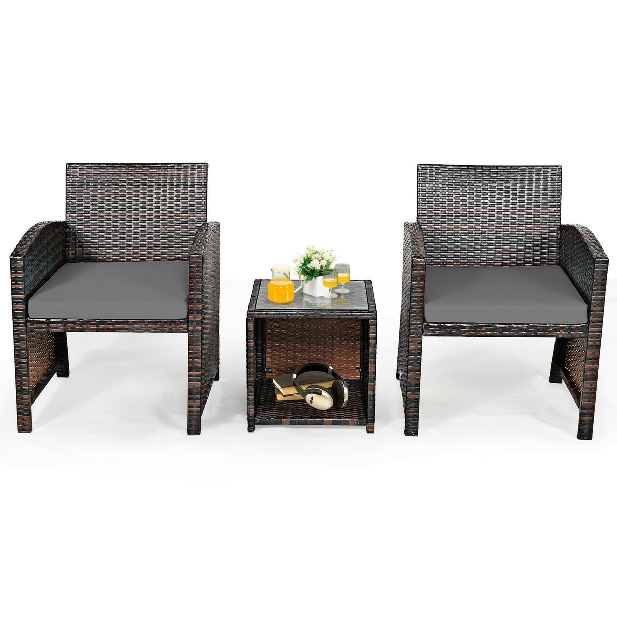 3 Pieces PE Rattan Wicker Furniture Set with Cushion Sofa Coffee Table for Garden