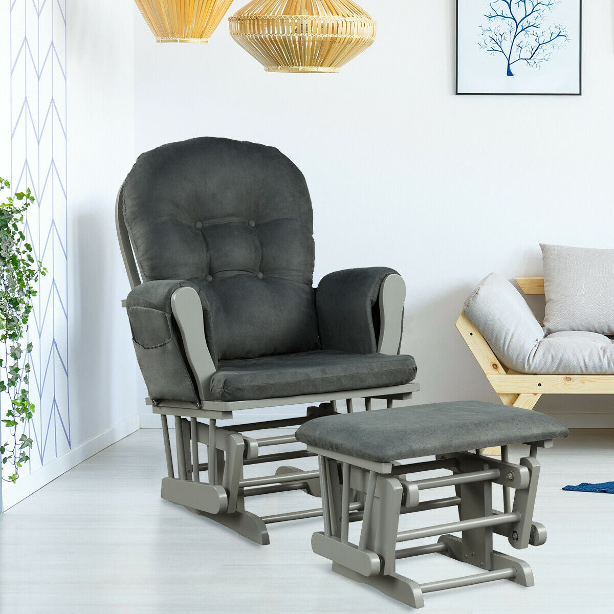 Wood Glider and Ottoman Set with Padded Armrests and Detachable Cushion