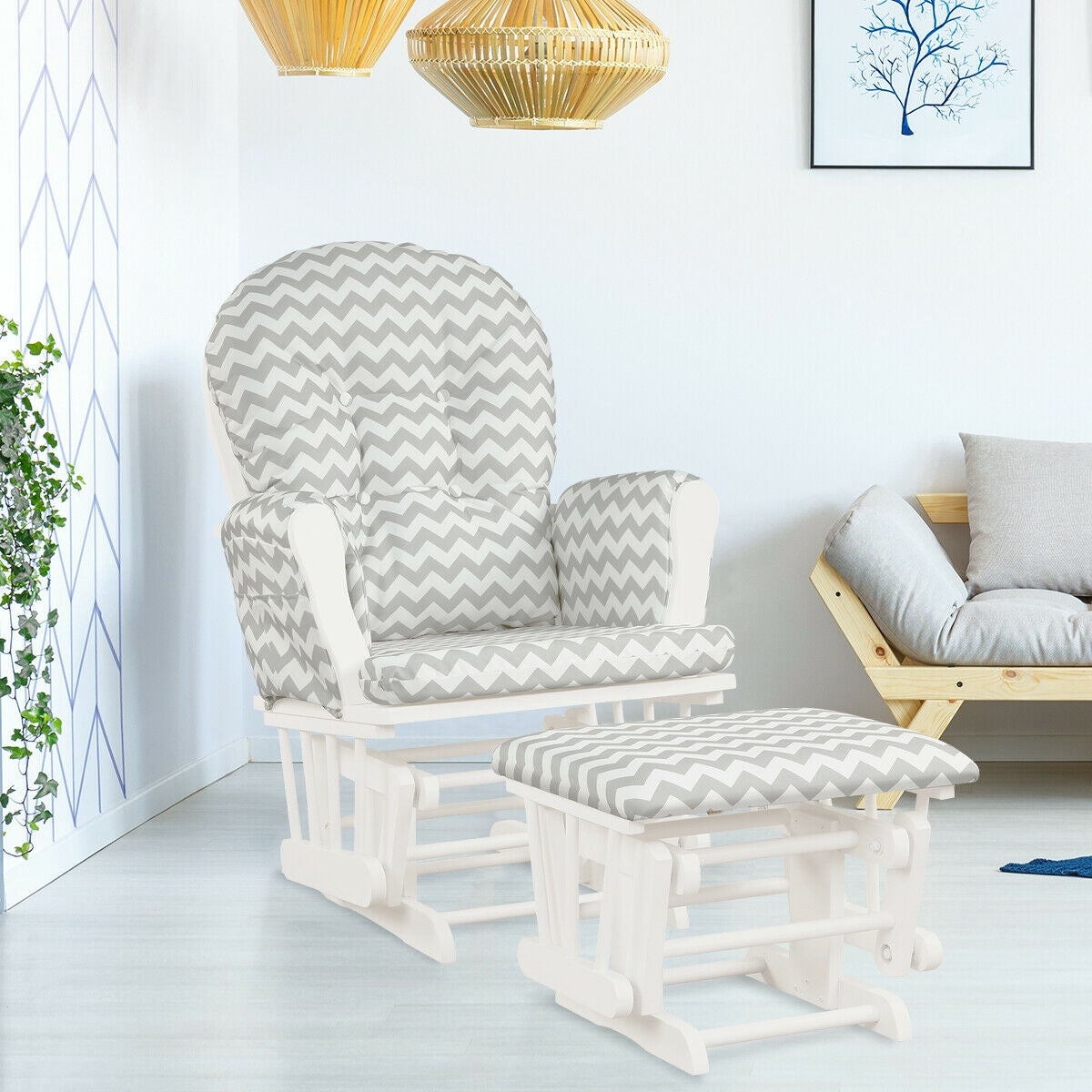 Wood Glider and Ottoman Set with Padded Armrests and Detachable Cushion