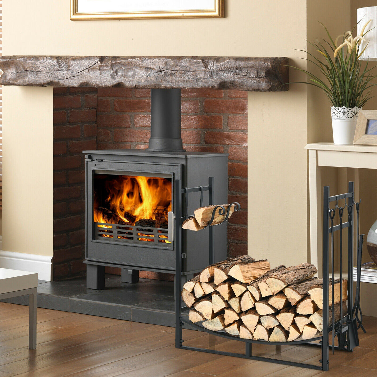 36 Inch Fireplace Log Holder with Kindling Holders and Shovel