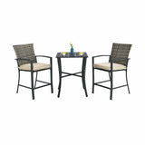 3 Pieces Patio Rattan Bar Furniture Set with Slat Table and 2 Cushioned Stools-Gray