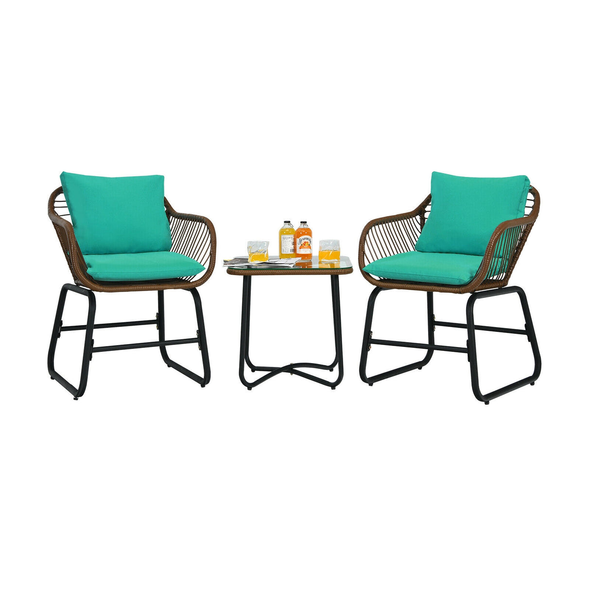 3 Pieces Patio Rattan Bistro Set Cushioned Chair Glass Table Deck
