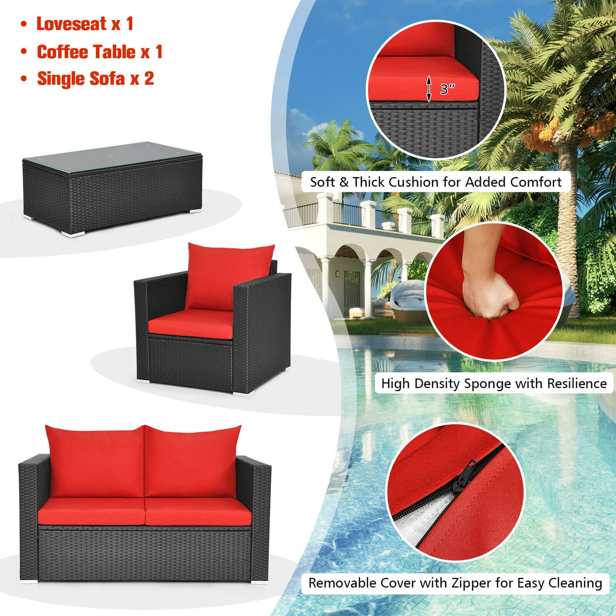 4 Pieces Patio Rattan Conversation Set with Cushions and Coffee Table