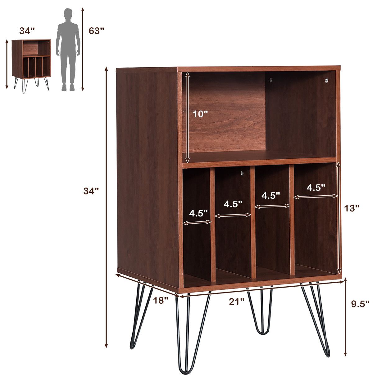 Freestanding Record Player Stand Storage Cabinet with Metal Legs