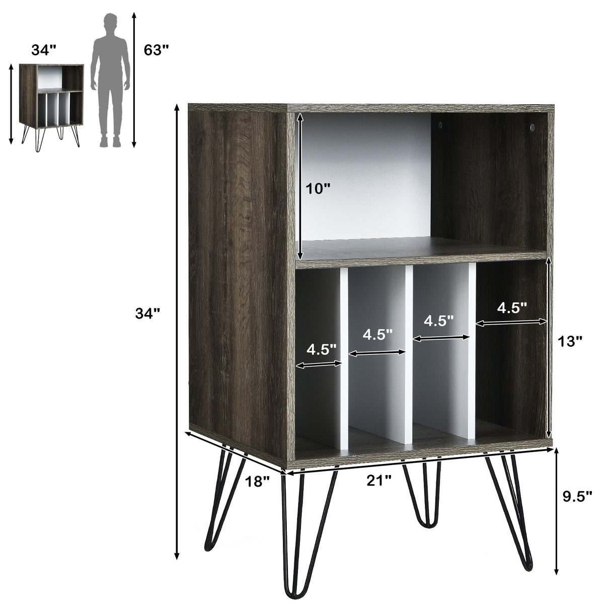 Freestanding Record Player Stand Storage Cabinet with Metal Legs