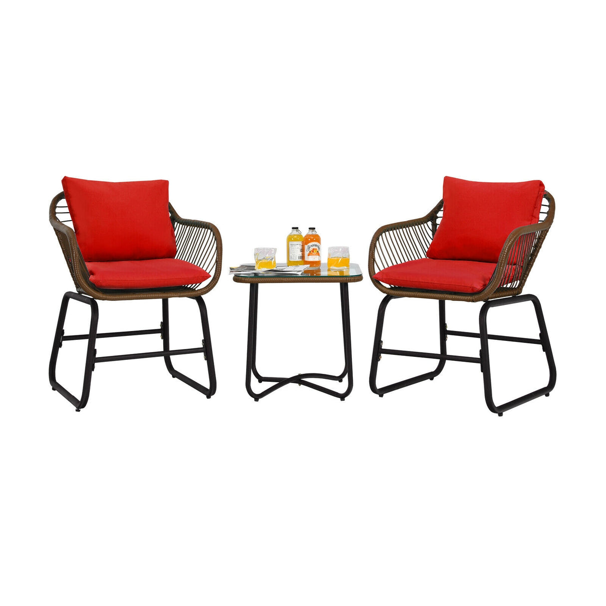 3 Pieces Patio Rattan Bistro Set Cushioned Chair Glass Table Deck