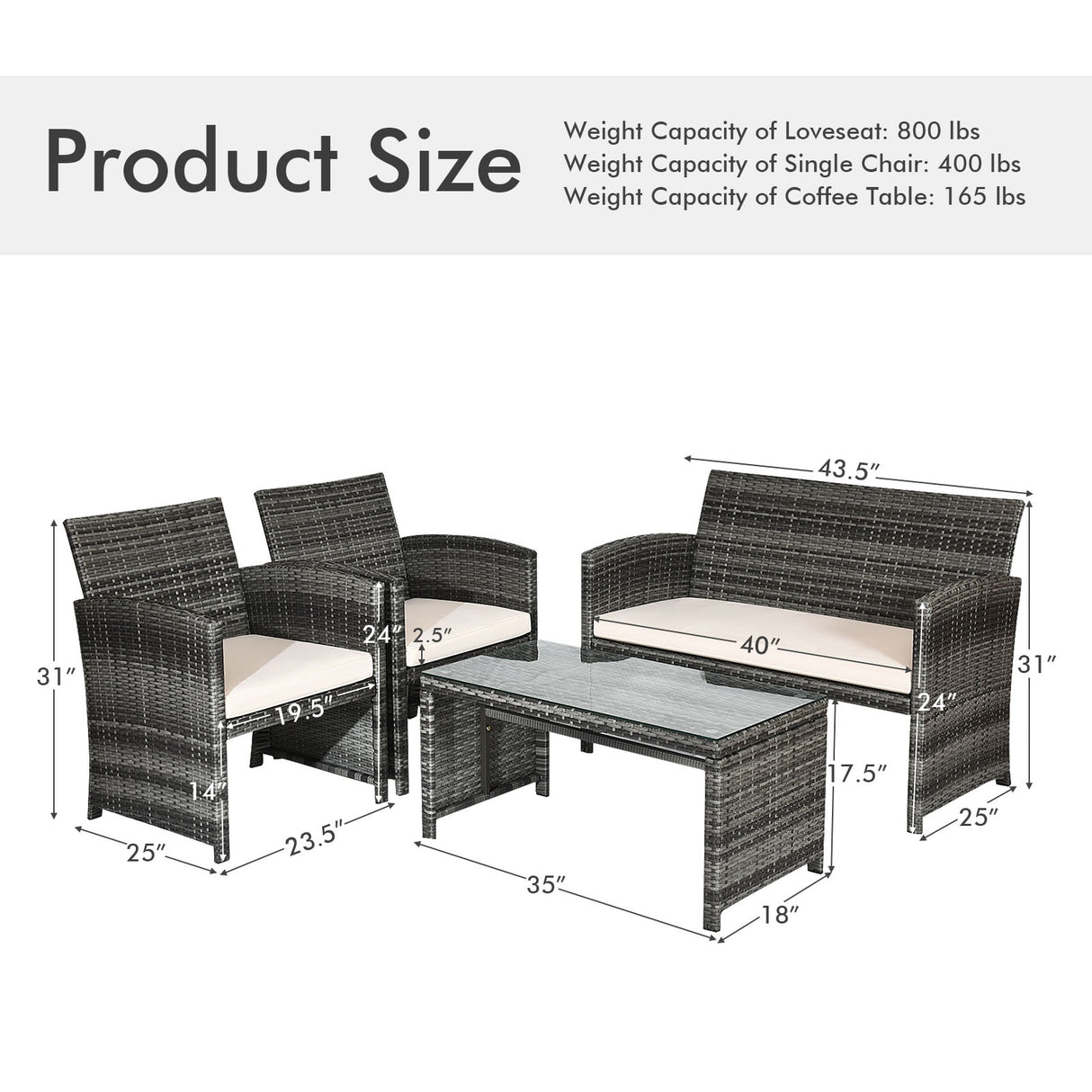 4 Pcs Patio Rattan Furniture Set Top Sofa With Glass Table