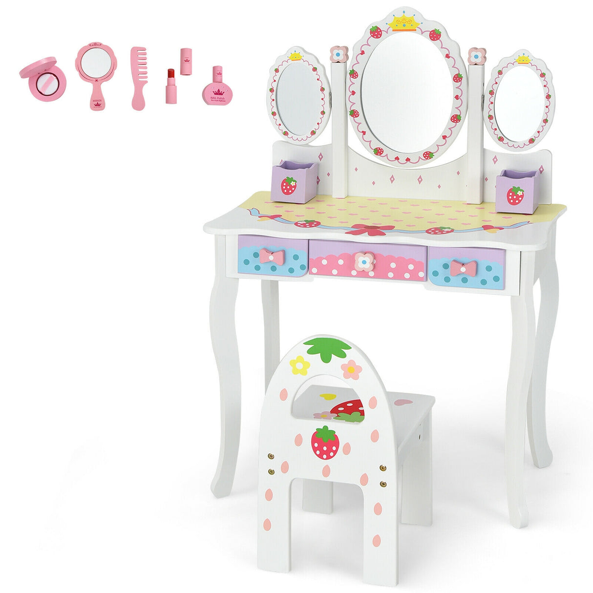 Kids Vanity Princess Makeup Dressing Table Chair Set with Tri-fold Mirror