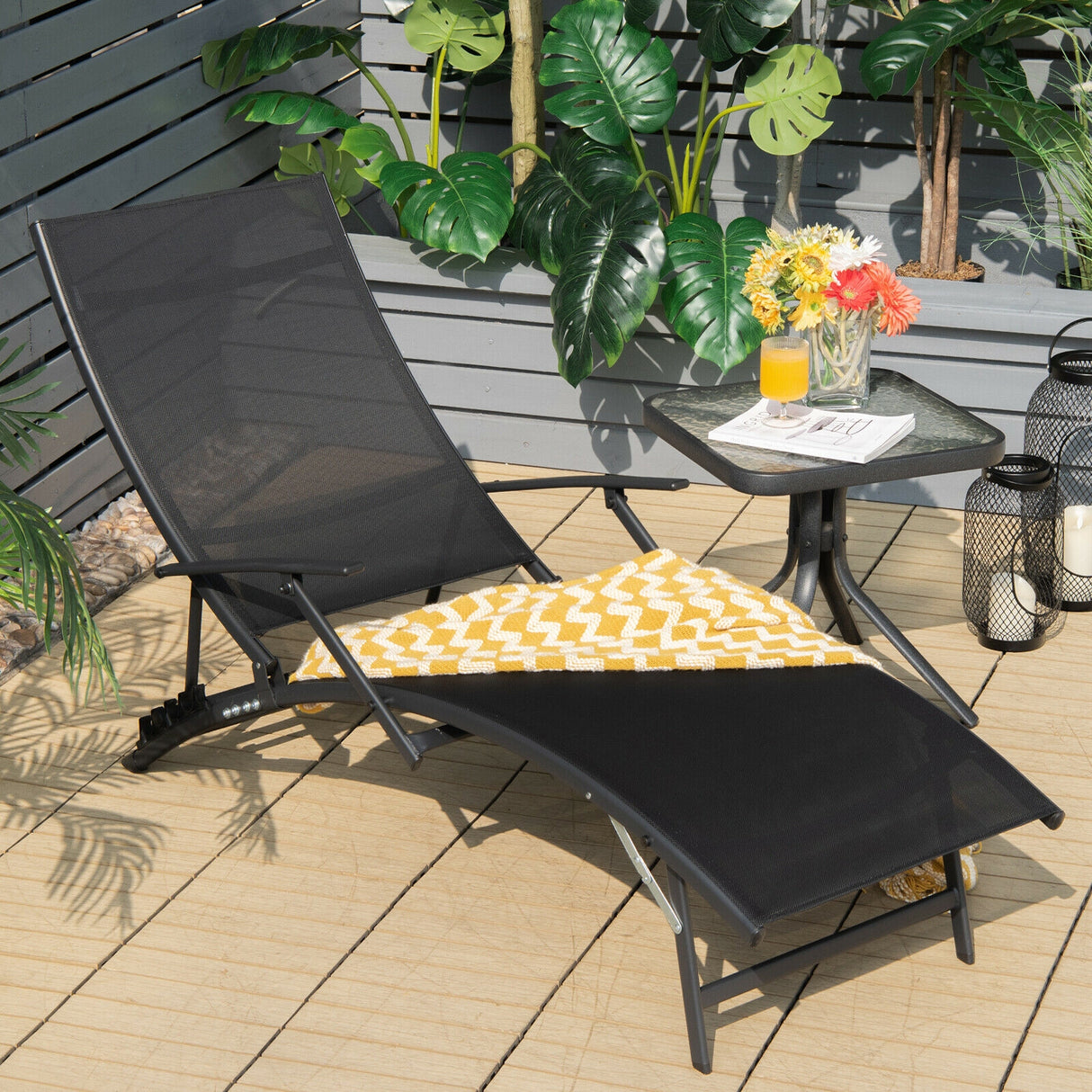 2 Pieces Patio Folding Stackable Lounge Chair Chaise with Armrest-Black
