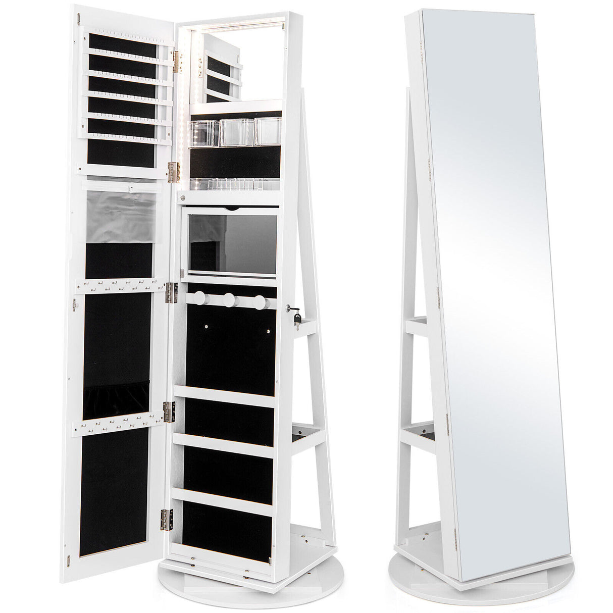 360Â° Rotating Mirrored Jewelry Cabinet Armoire 3 Color LED Modes Lockable