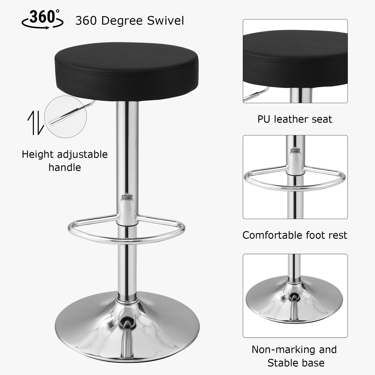 Set of 2 Adjustable Round PU Leather Swivel Barstool with Chrome Footrest