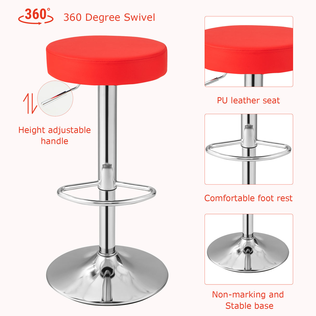 Set of 2 Adjustable Round PU Leather Swivel Barstool with Chrome Footrest